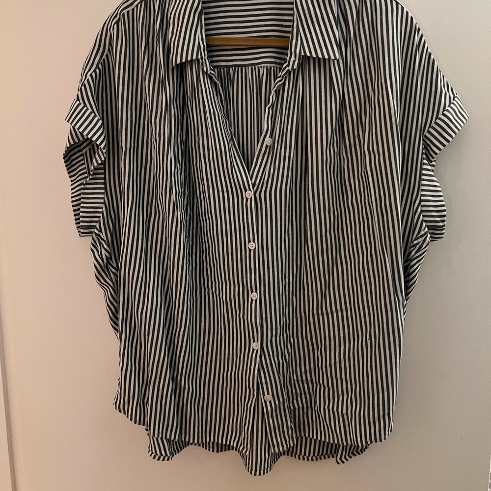 Navy and White Striped Button-Up Shirt